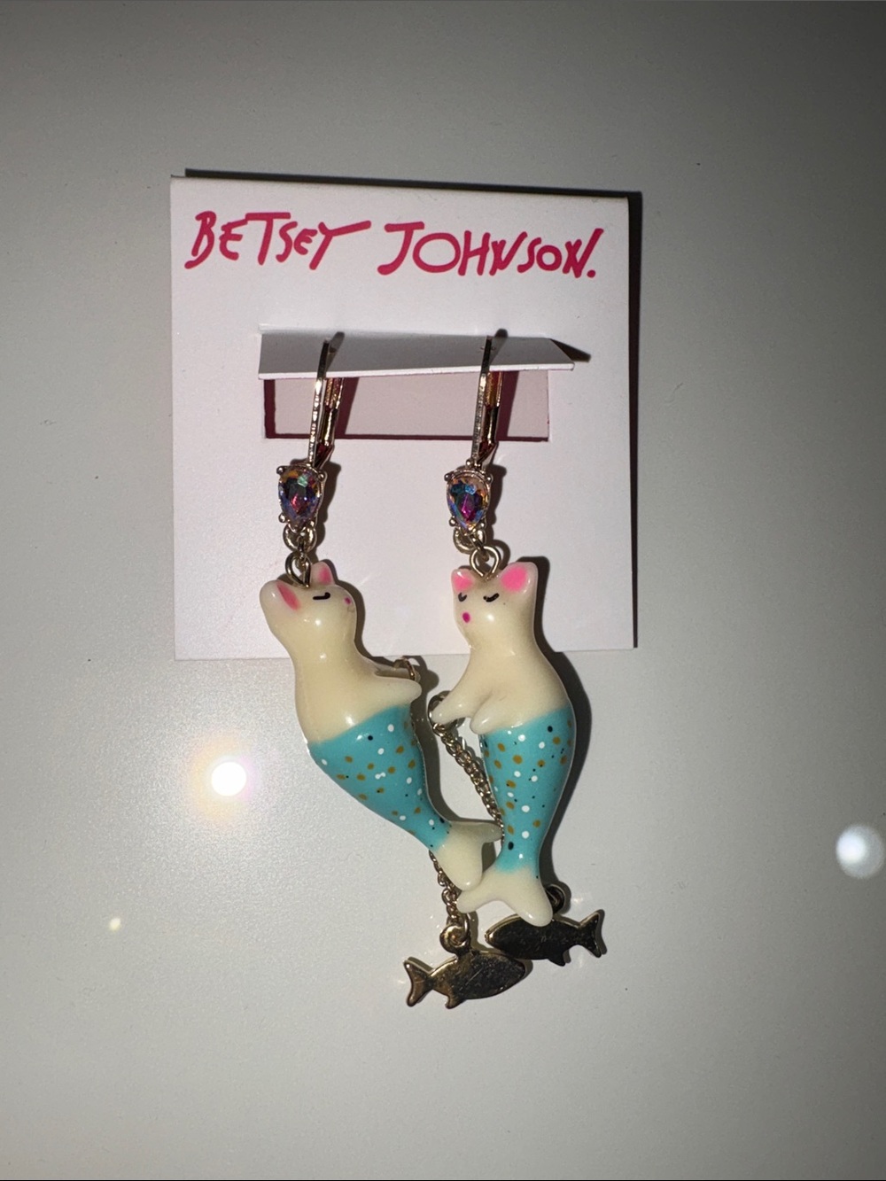 Betsey Johnson Cream & Turquoise Mermaid Cat Dangle Earrings